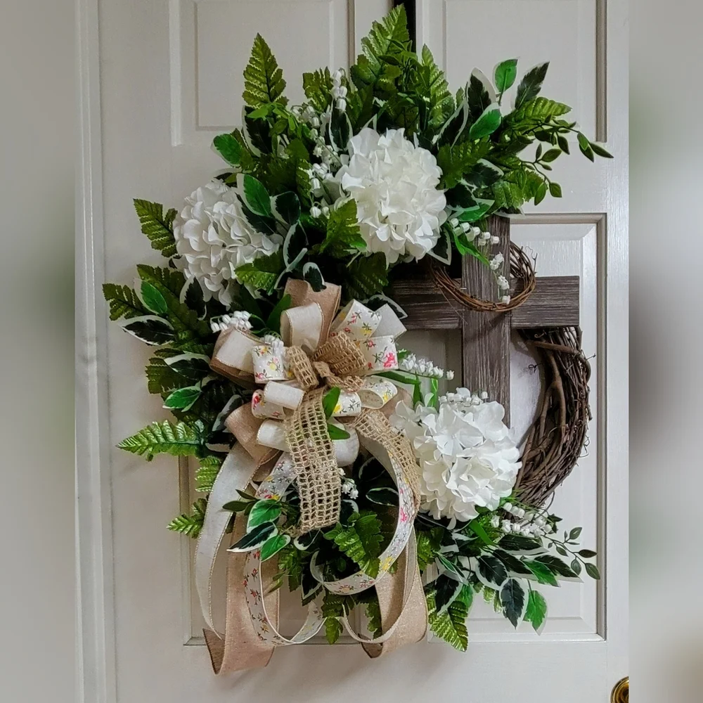 White Hydrangea and Greenery Decorative Door Wreath with Burlap Ribbon